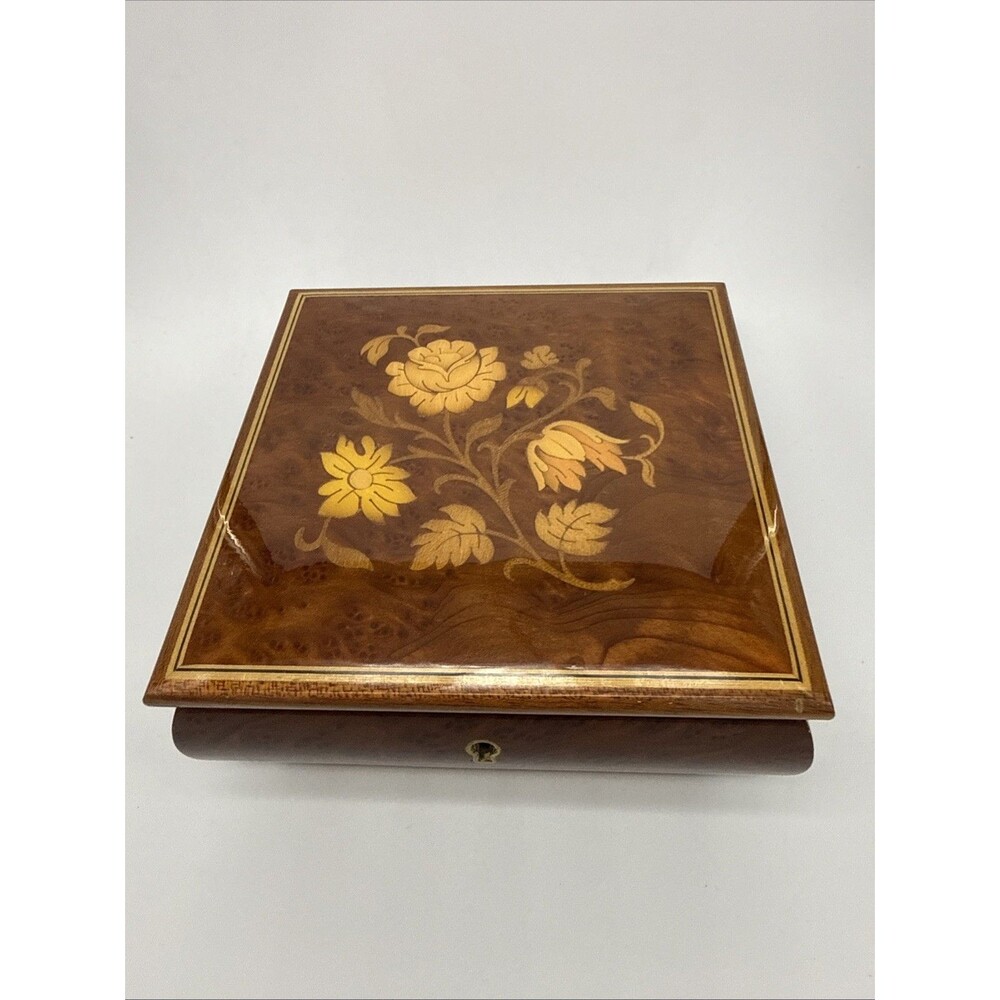 Vtg Reuge Swiss Movement Italian Wood Inlay Music Jewelry Box Verdi Aida